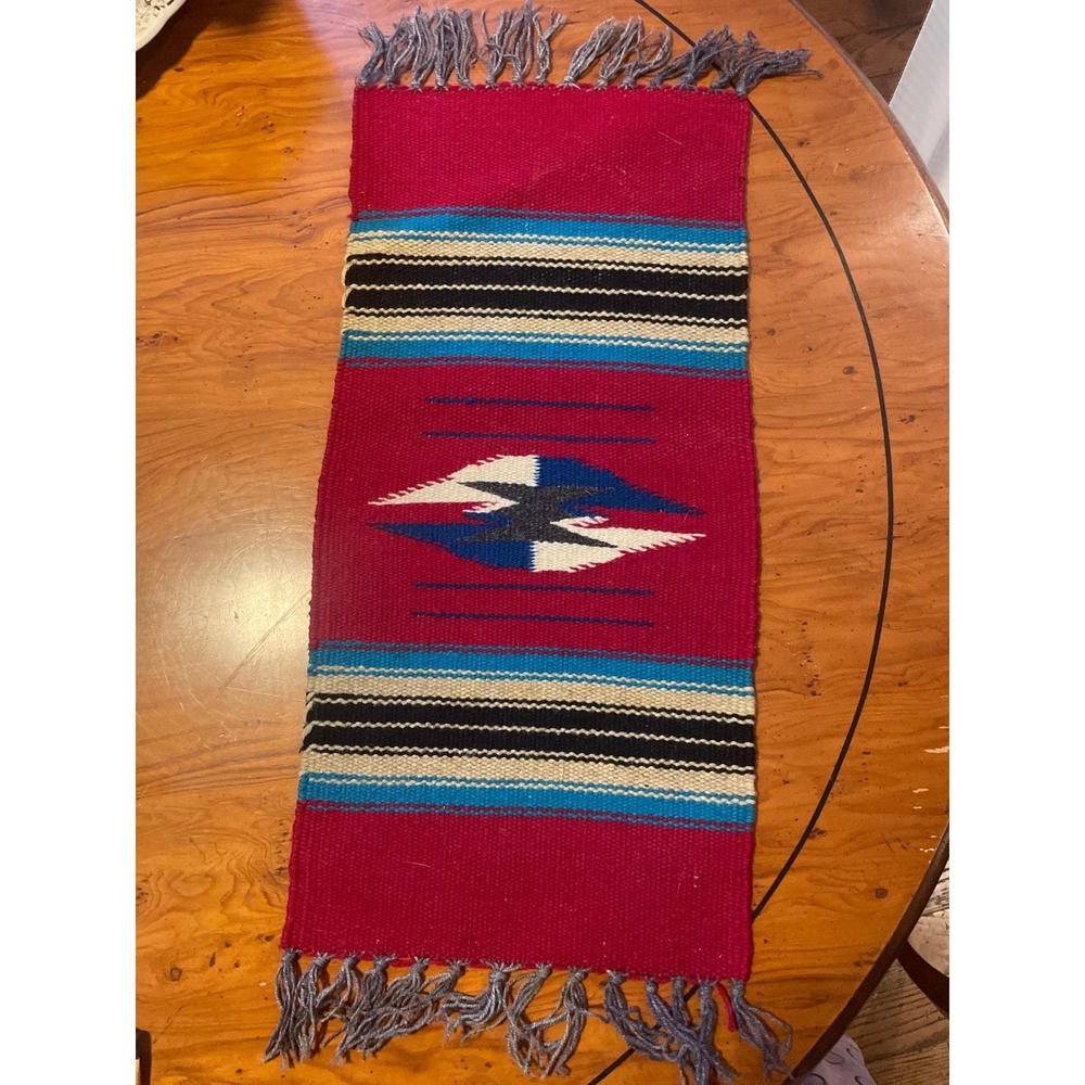 Southwestern Handwoven Wool Runner Rug Red Magenta Turquoise Fringed 2 ft.